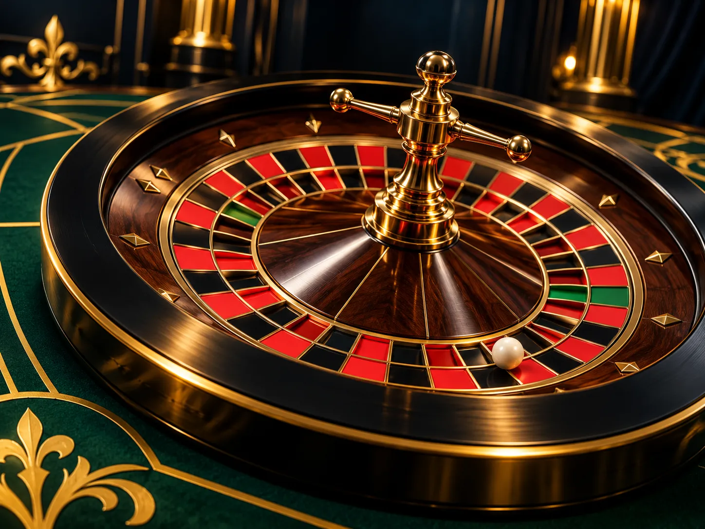 Dramatic 3D French roulette wheel centred on dark green felt with ornate gold betting layout, cinematic lighting on navy-char