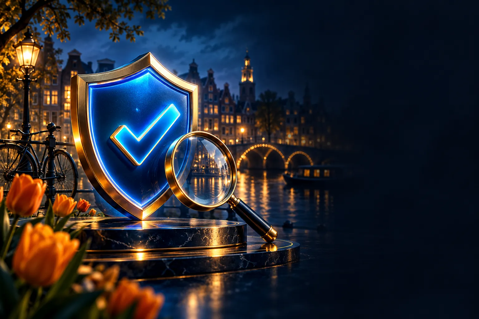 Glowing blue shield with checkmark and magnifying glass on deep navy background, editorial trust and verification concept