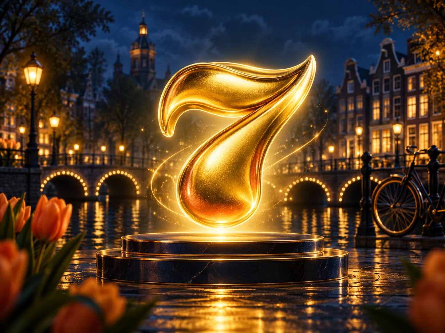 Glowing golden lucky-seven slot symbol floating in cinematic soft light against deep navy background with subtle Dutch canal-