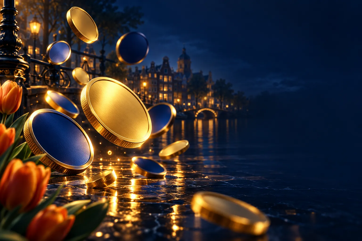 Abstract gold and blue cryptocurrency coins floating above a dark navy surface with cinematic soft lighting and Dutch editori