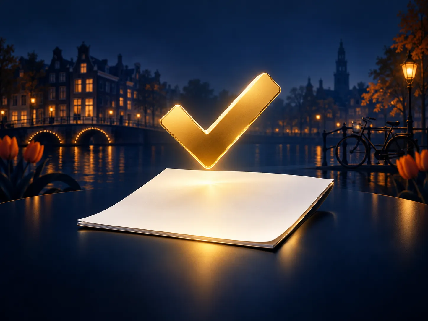 A golden checkmark hovering above a clean document icon on a deep navy background with subtle Dutch design accents and soft c