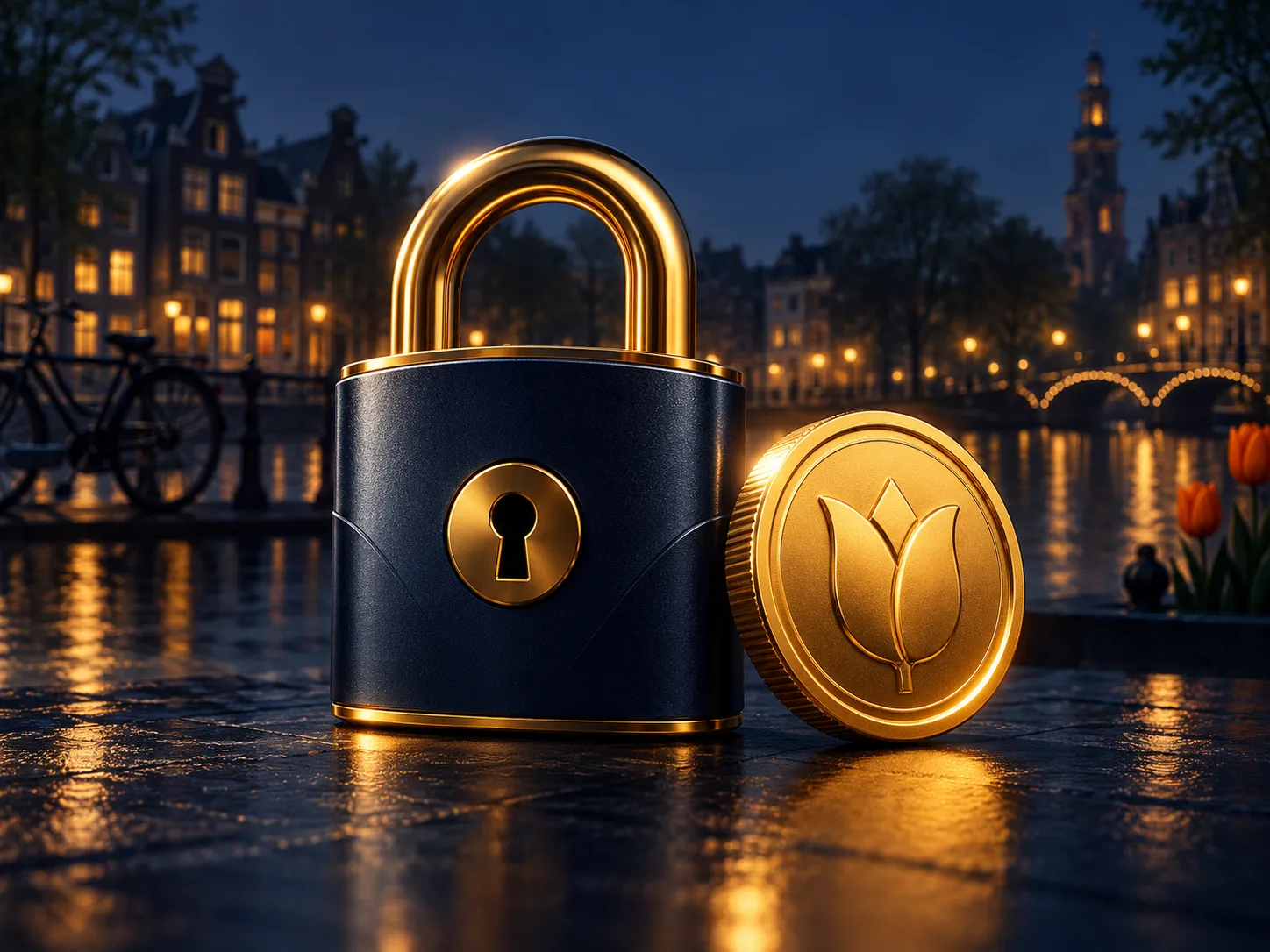 Minimalist illustration of a golden padlock and gold coin side by side on a deep navy background with warm gold highlights