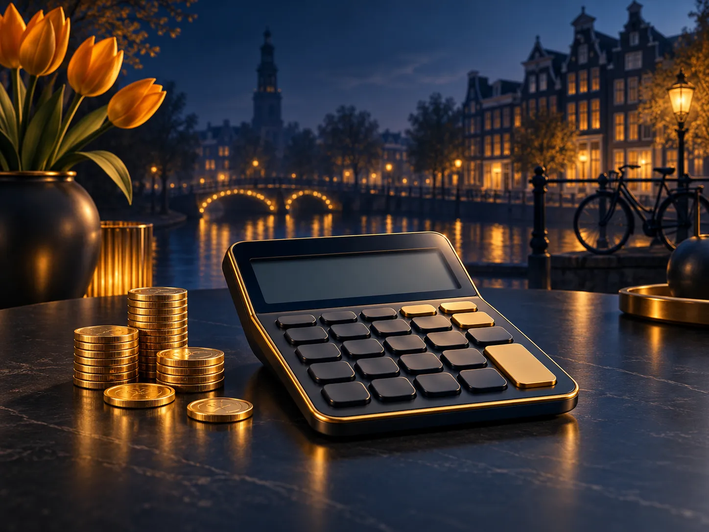 Abstract illustration of a calculator and gold coins on a deep navy table with cinematic lighting and subtle Dutch design acc
