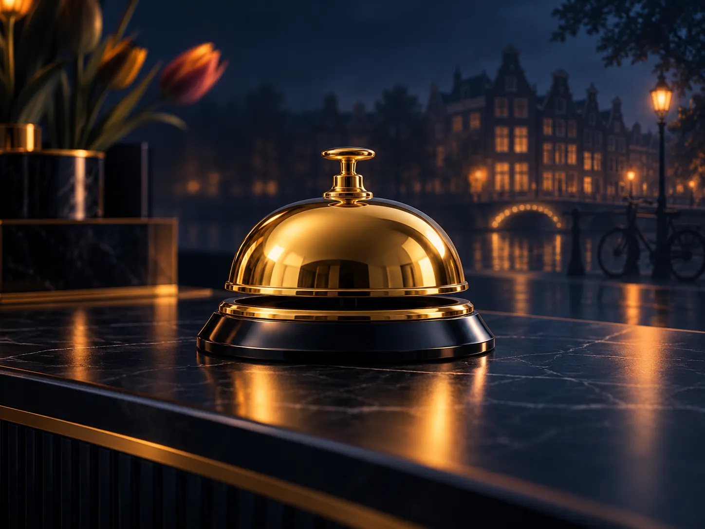 Luxurious gold concierge bell resting on a dark navy desk, soft cinematic lighting with rich golden highlights, minimal and e
