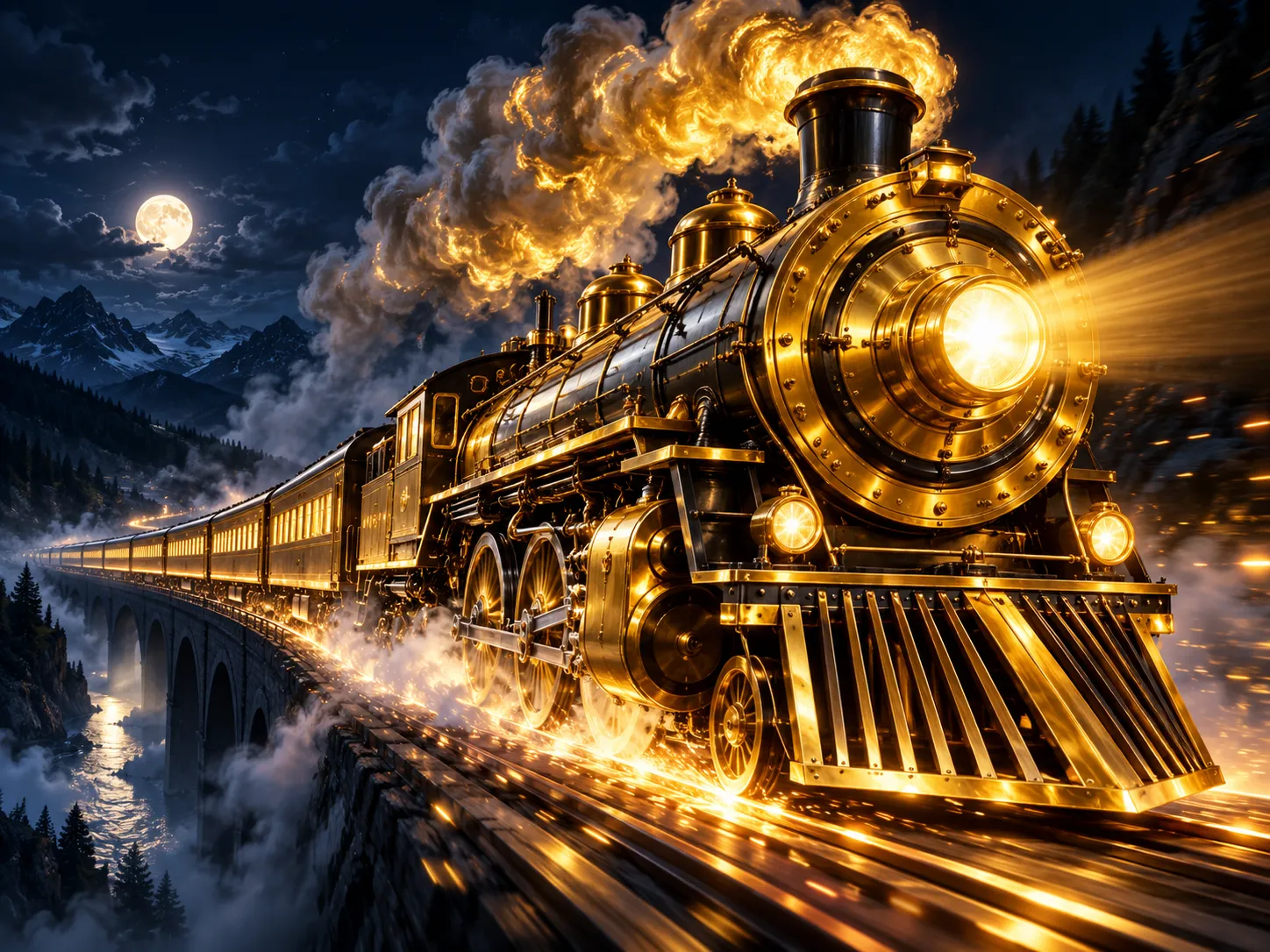 Glossy 3D golden steam train racing through dark navy night, dramatic cinematic lighting with warm gold accents and motion bl