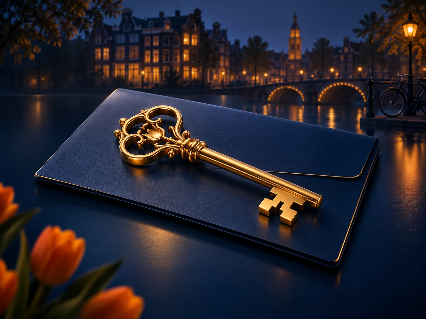 Minimalist luxury illustration of a golden key and folder on deep navy background with subtle Dutch canal-house silhouette ac
