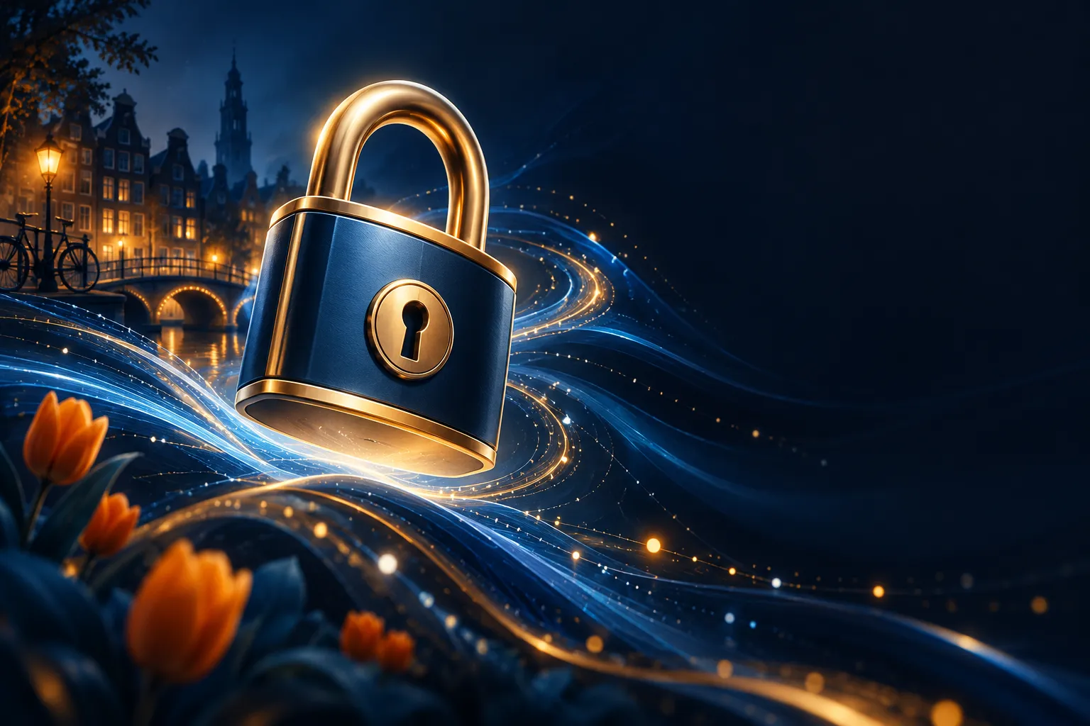 A luminous gold padlock hovering above flowing abstract blue data streams on a deep navy background, editorial digital illust