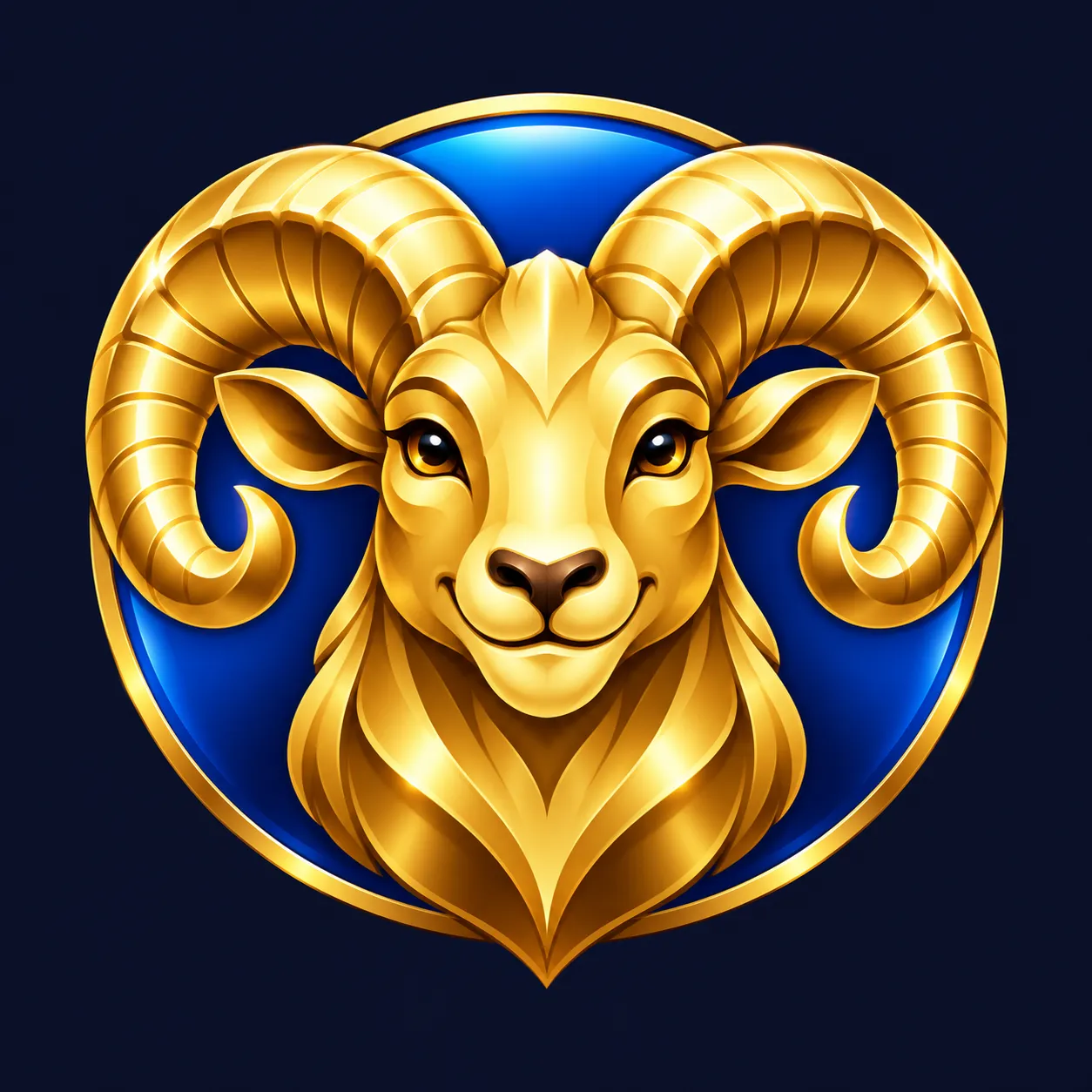 Cheerful glossy gold ram head with curled horns centered on a blue circular backdrop, flat casino brand emblem on deep navy