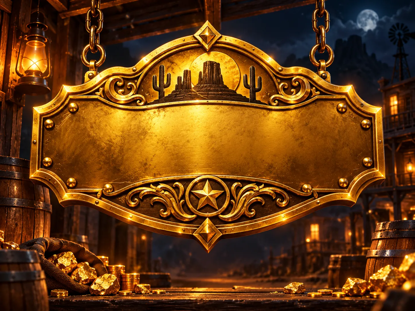 Glossy 3D golden wild west saloon sign glowing with warm amber light against deep navy-charcoal night sky, dramatic cinematic