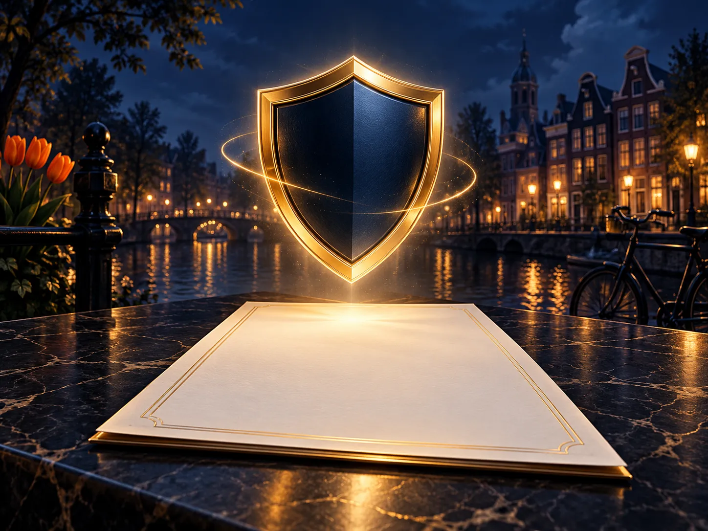 Luxurious digital illustration of a gold shield hovering above a formal document on deep navy background with subtle Dutch ca