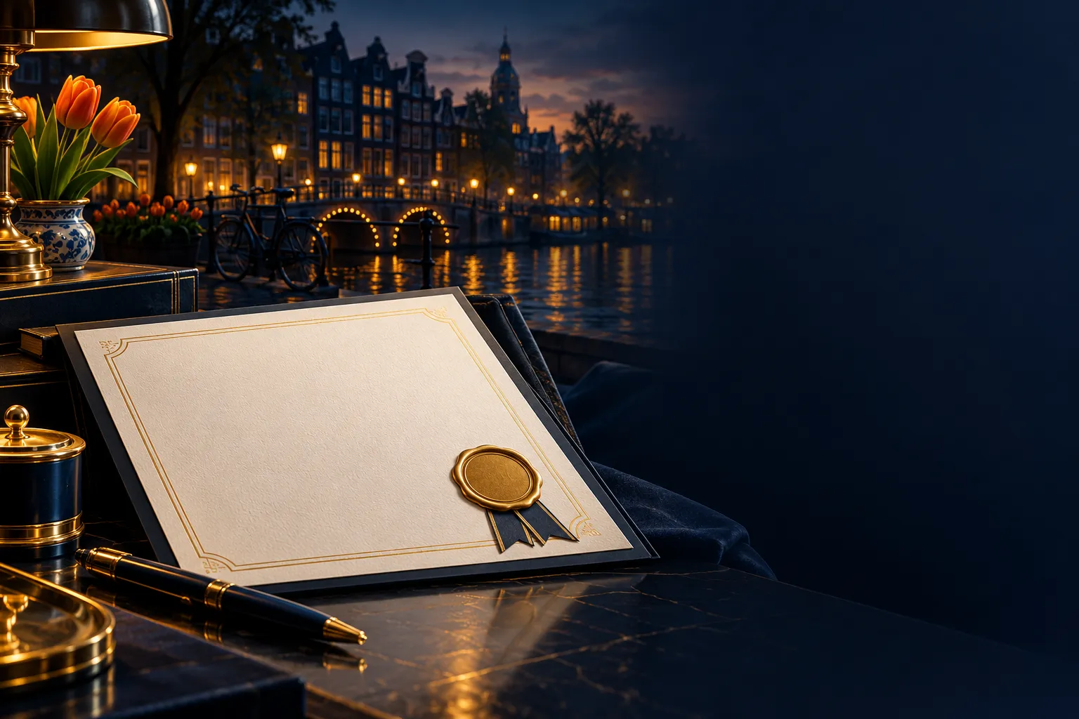 Luxurious official-looking gold wax seal on a certificate lying on a dark desk, deep navy background with warm gold highlight
