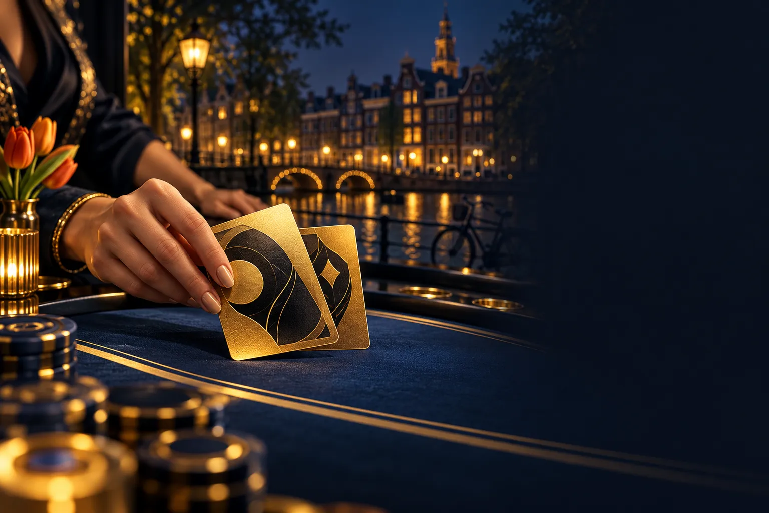 Luxurious blackjack hand with golden cards on deep navy felt, cinematic soft lighting, editorial Dutch online casino hero ban