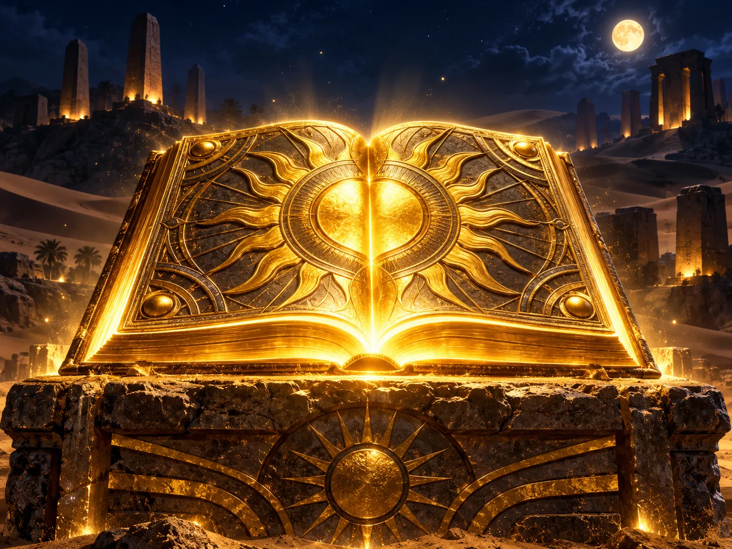 Ancient golden book glowing on a stone altar against a dark navy desert night sky, dramatic cinematic warm gold lighting