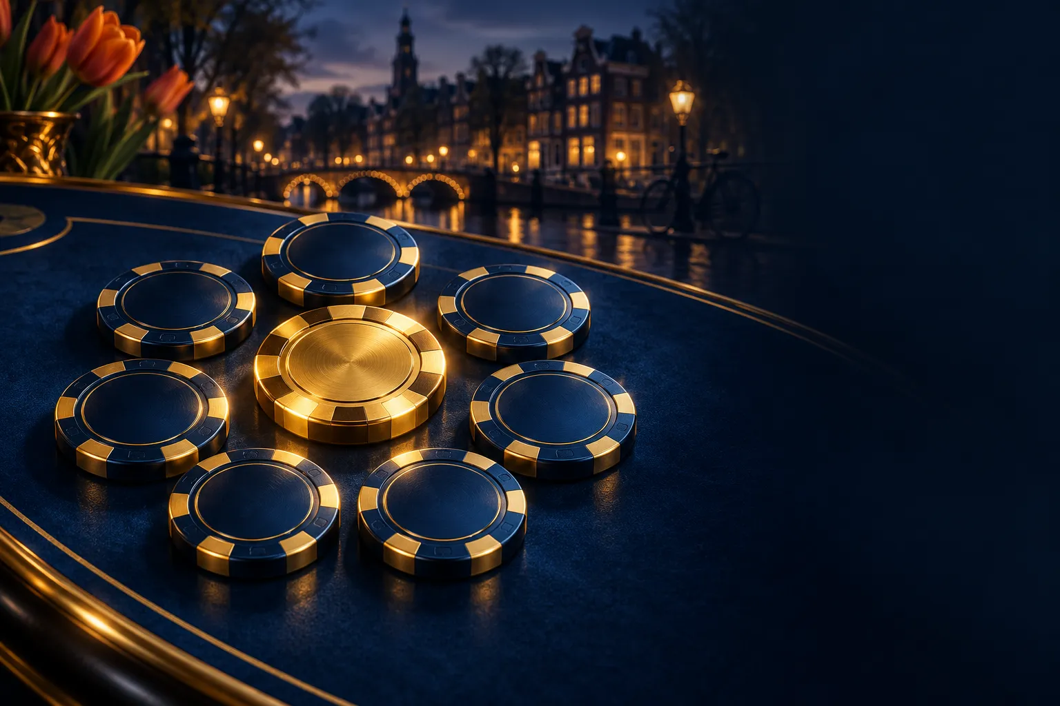 Seven abstract casino chips arranged around a central golden chip on a deep navy blue table, editorial luxury style with gold