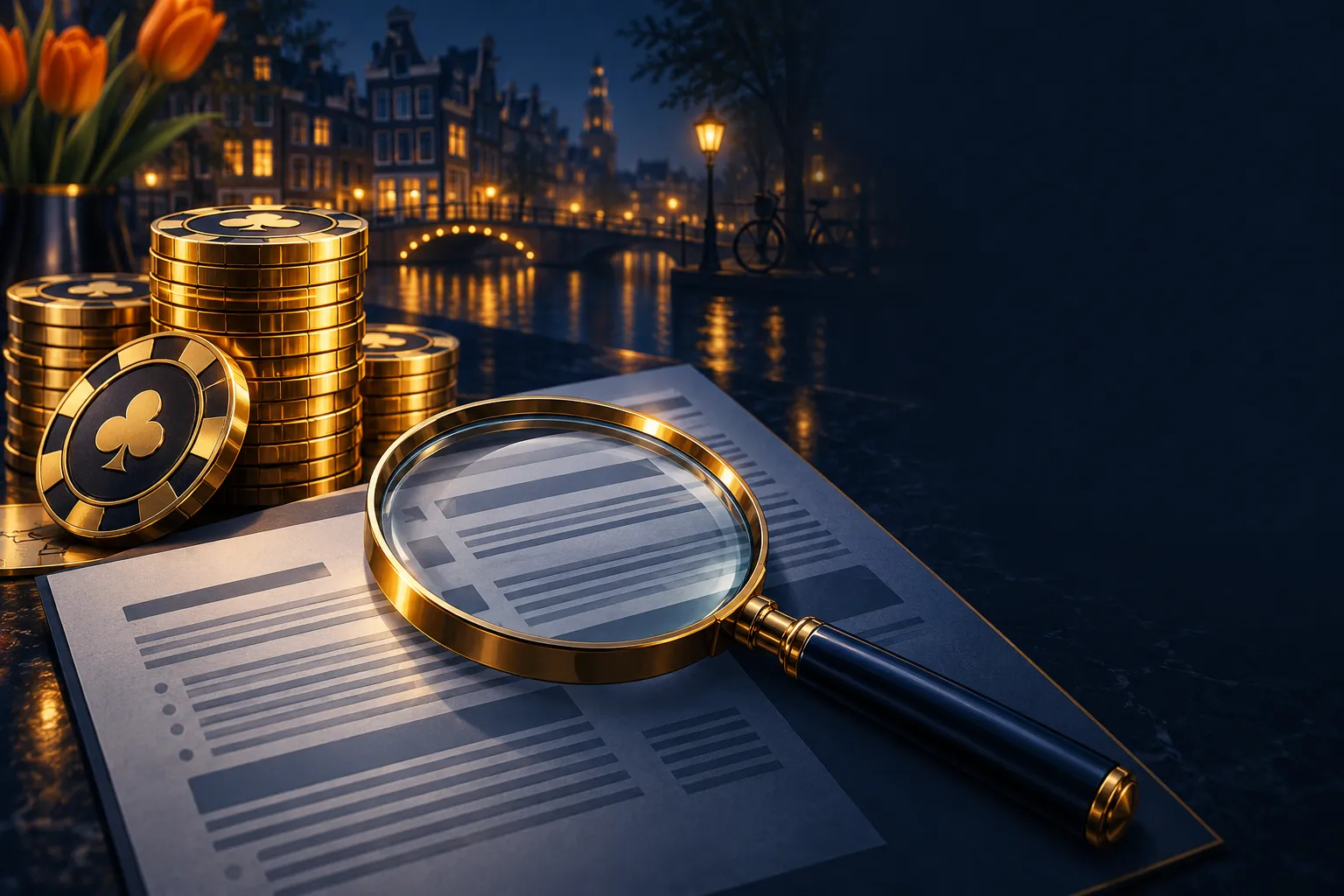 Stack of gold coins beside a magnifying glass resting on a printed document sheet, deep navy background with rich gold highli
