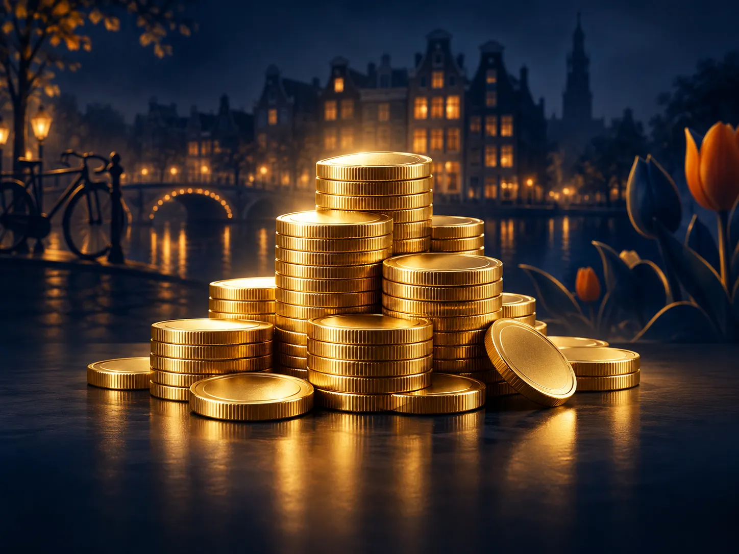 A dramatic close-up of a gleaming stack of gold coins bathed in cinematic light against a deep navy background with subtle Du