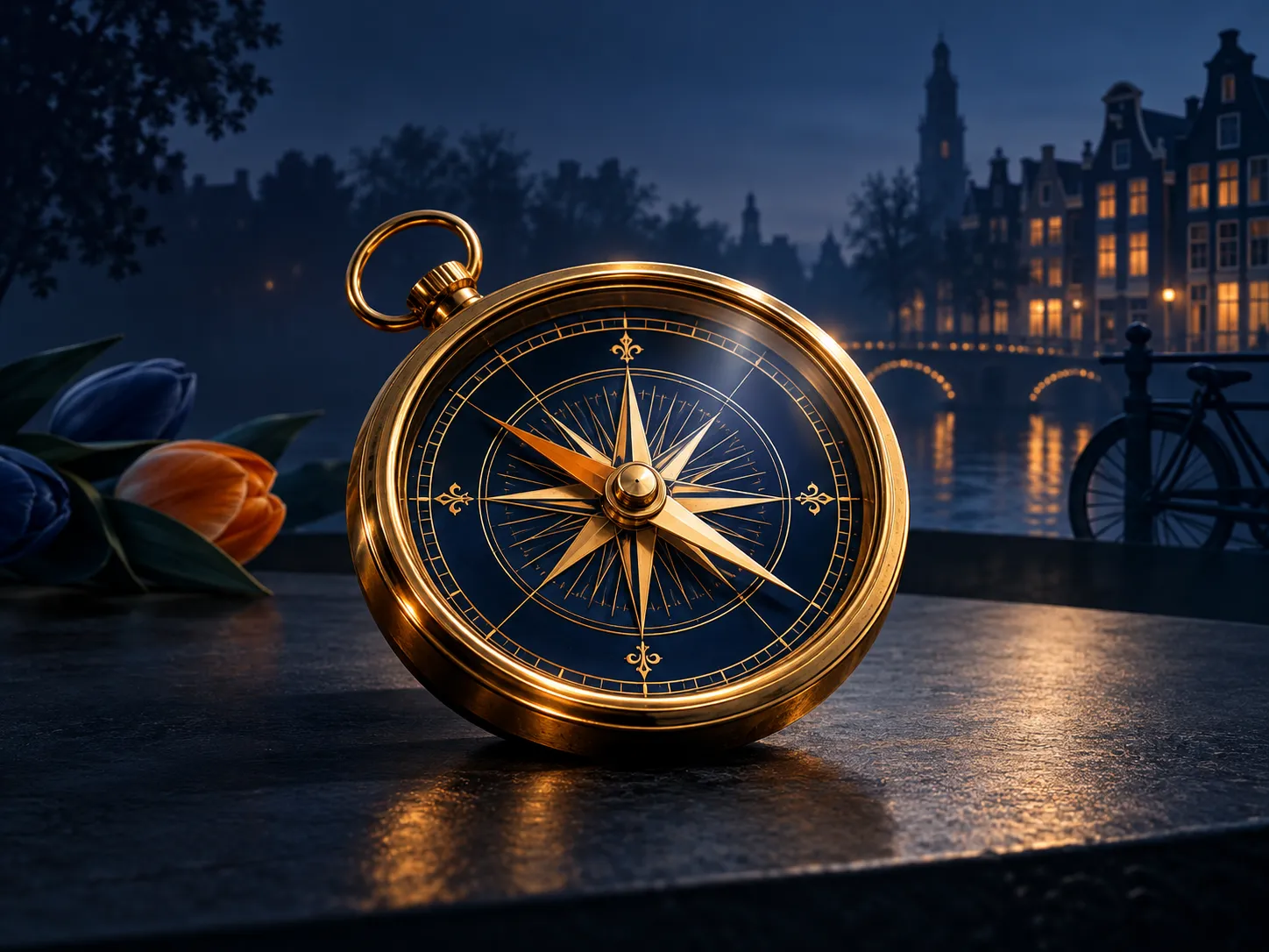 A luxurious gold compass resting on a deep navy surface, cinematic soft lighting with rich golden highlights, minimalist comp