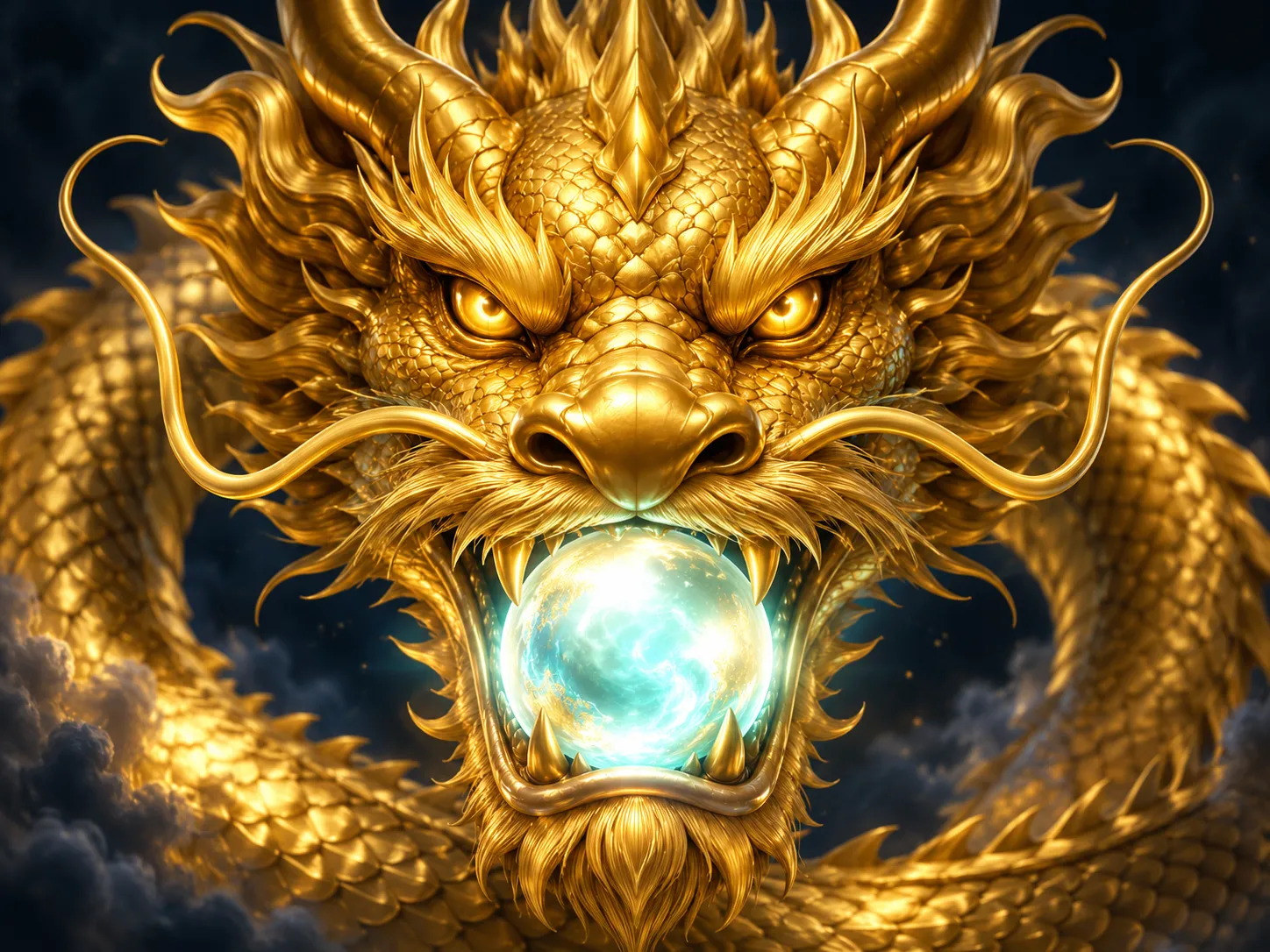 Close-up 3D render of a gleaming golden dragon head clutching a radiant glowing pearl on a dark navy-charcoal background with