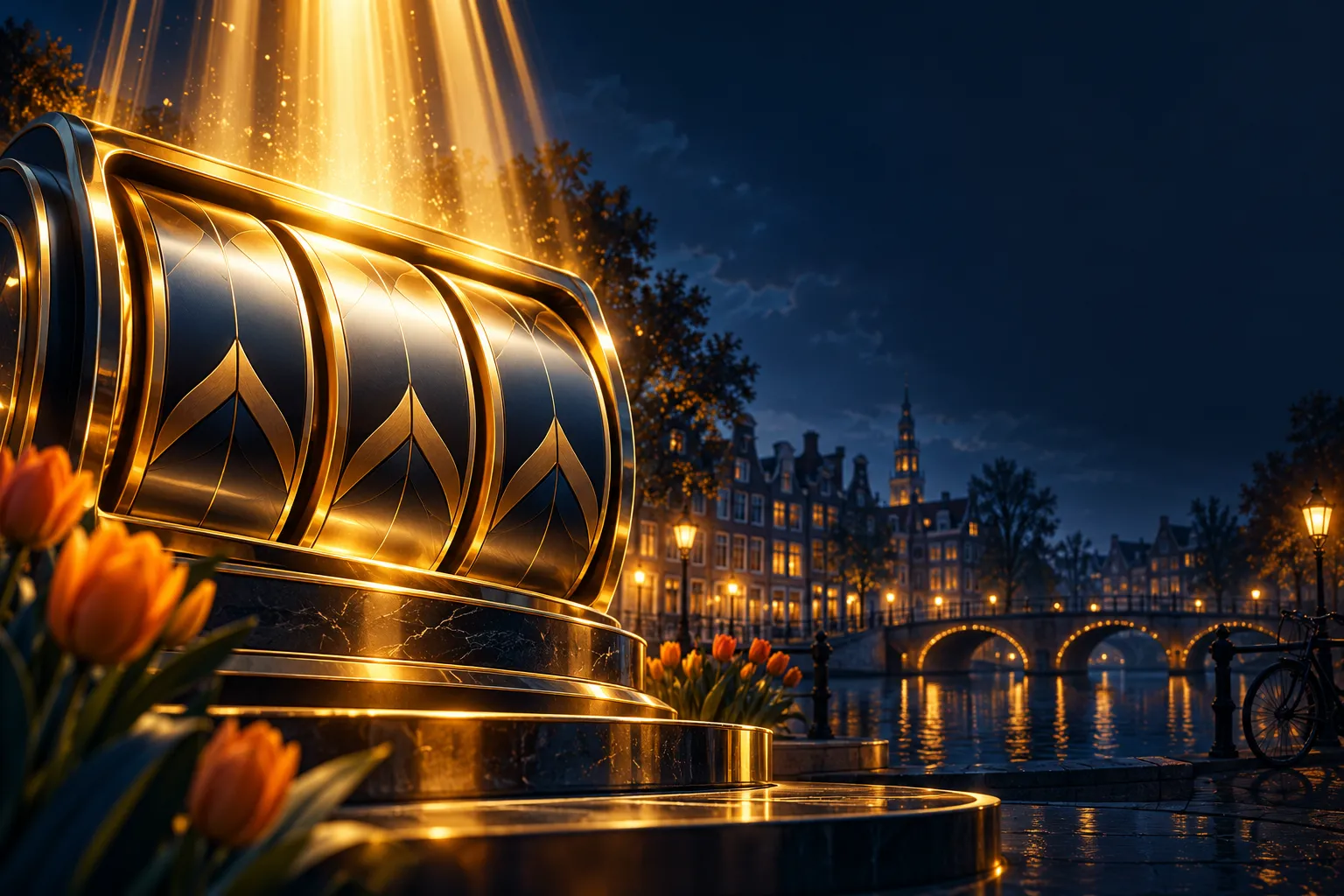 Golden jackpot light beam shining over abstract slot reels on deep navy background with subtle Dutch canal-house silhouettes 