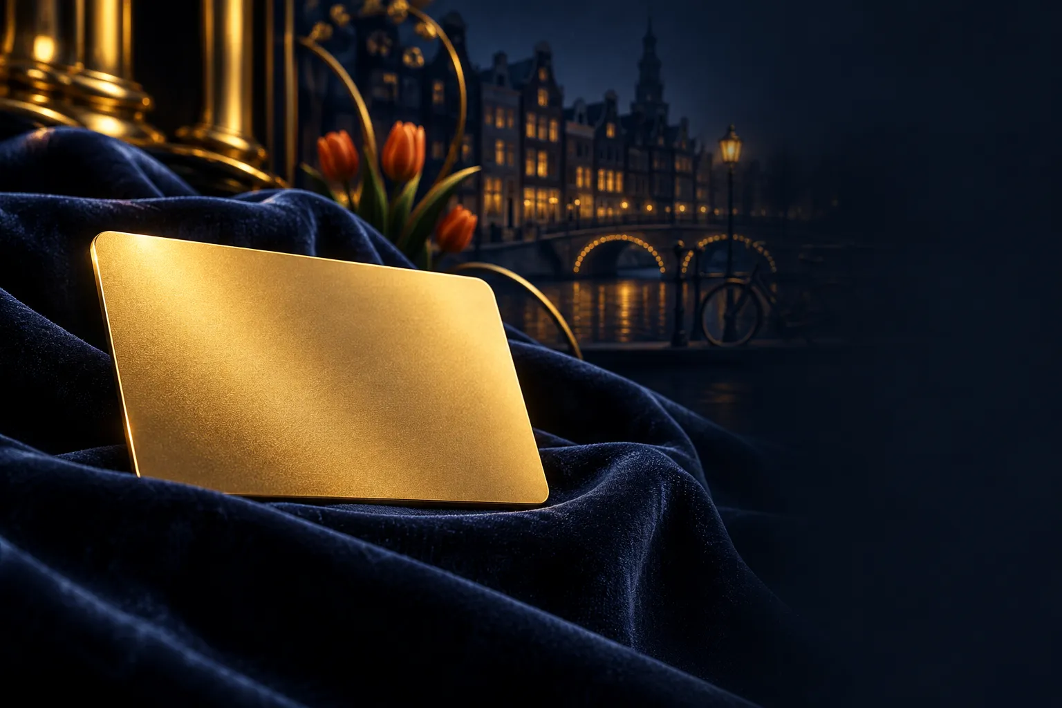 Luxurious gold membership card resting on deep navy velvet, cinematic soft lighting with rich gold highlights, premium editor