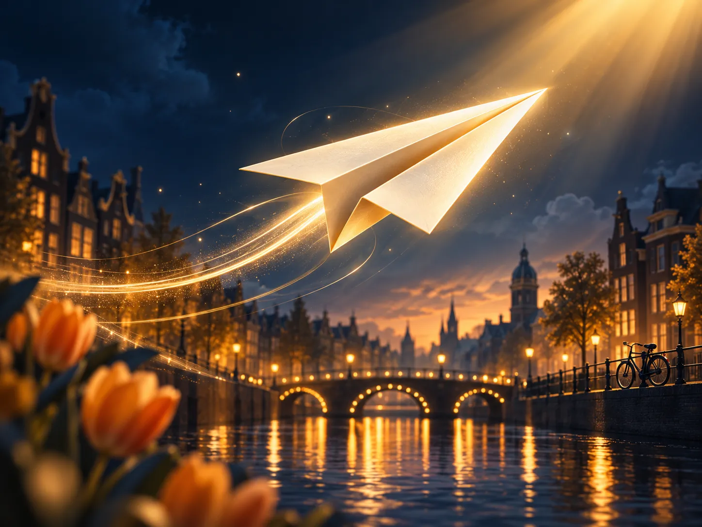 A luminous golden paper airplane soars against a deep navy background with soft Dutch canal-house silhouettes and subtle tuli