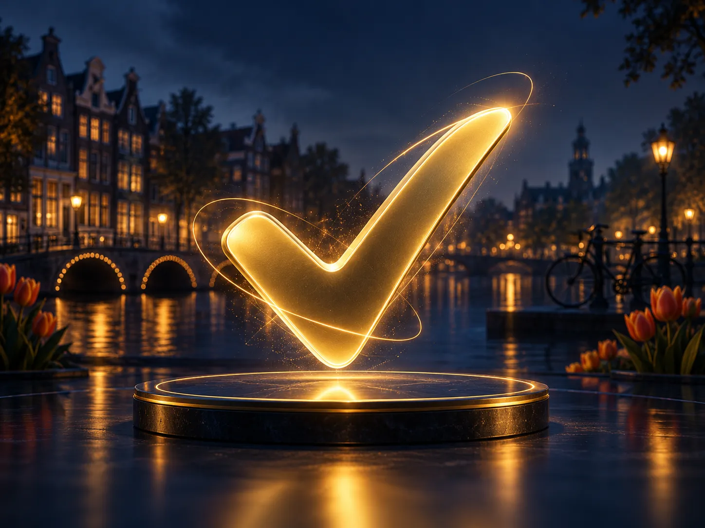 Minimalist golden checkmark glowing in soft light against deep navy background, symbolising a successful payment confirmation