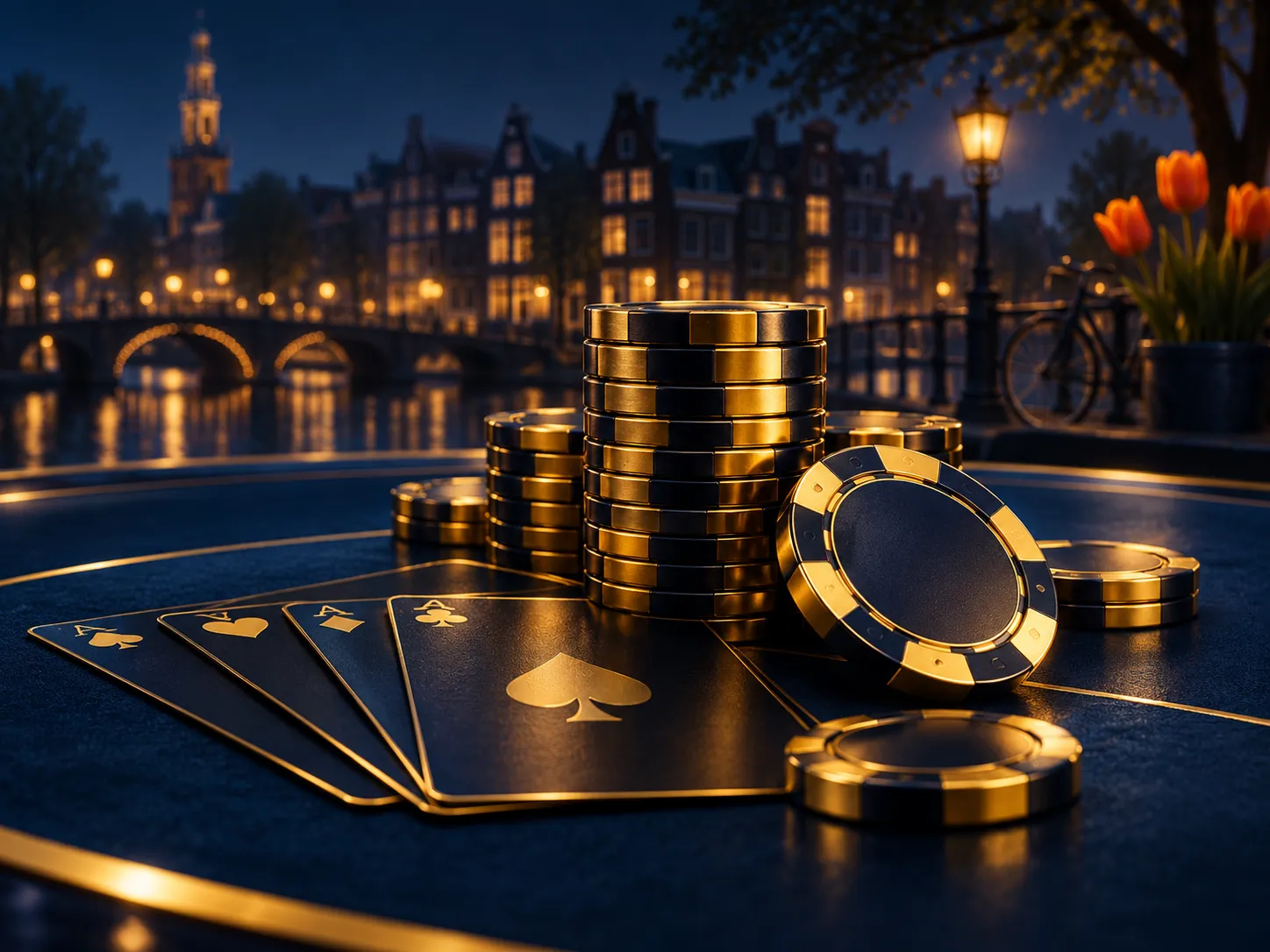 Luxurious golden poker chips and playing cards arranged on a deep navy blue casino table with warm gold highlights