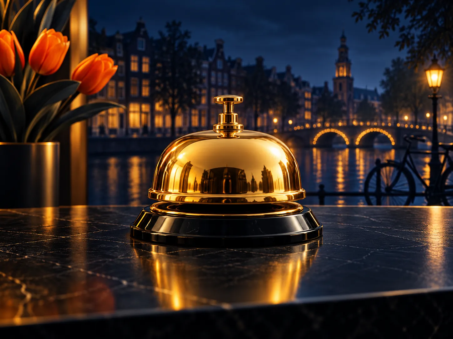 Luxurious golden reception desk bell resting on a dark navy surface, bathed in soft cinematic light with subtle Dutch-inspire