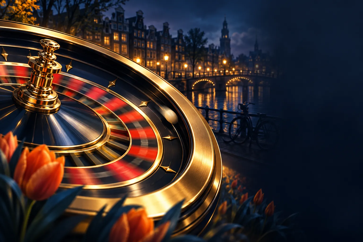 Cinematic spinning roulette wheel with gold rim on deep navy background, Dutch-themed luxury casino hero banner