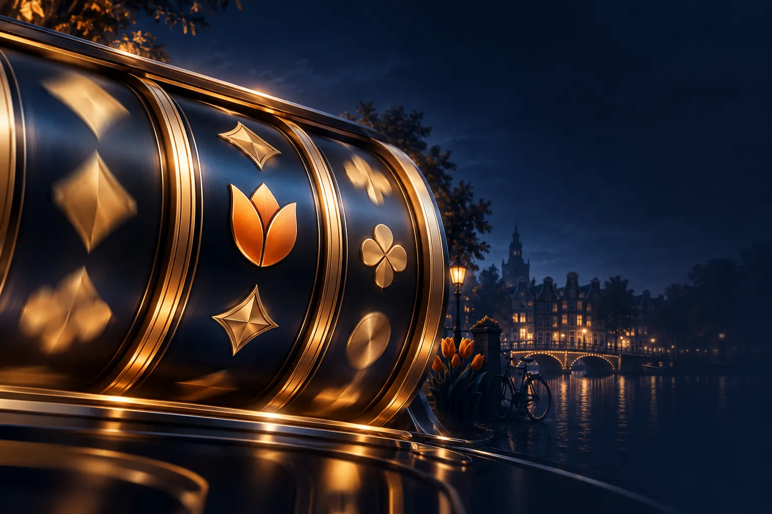 Abstract spinning slot reels with golden highlights on a deep navy blue background, cinematic editorial style with subtle Dut