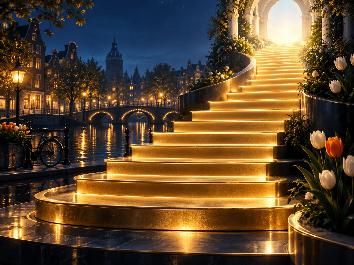 Abstract golden staircase with luminous steps rising against deep navy background, subtle Dutch canal-house silhouette and tu