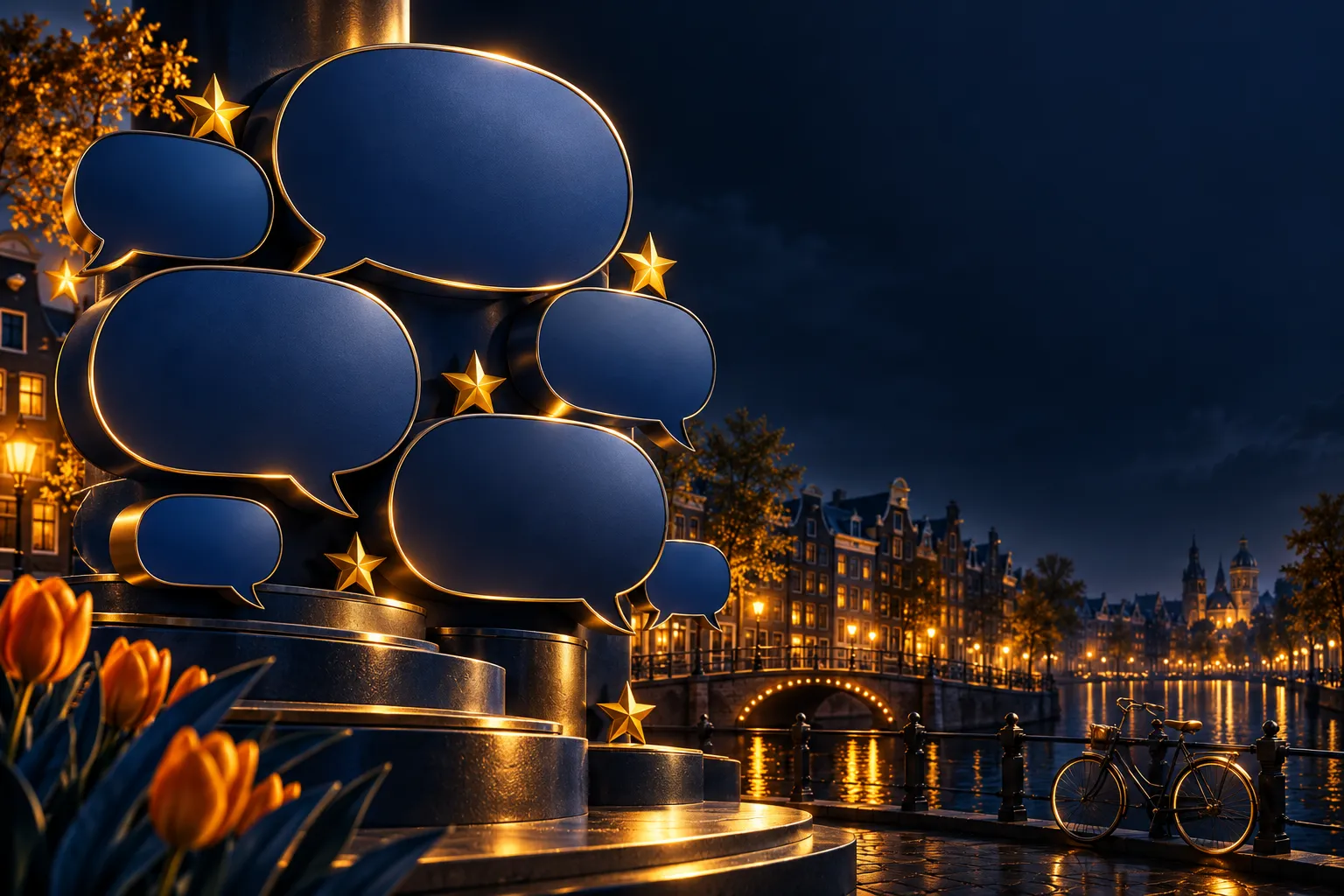 Abstract wall of glowing speech bubbles with gold stars on deep navy blue, luxurious Dutch casino editorial illustration