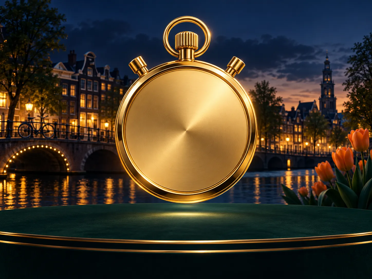 Luxurious golden stopwatch hovering above a minimal dark field, deep navy background with rich gold highlights and soft cinem