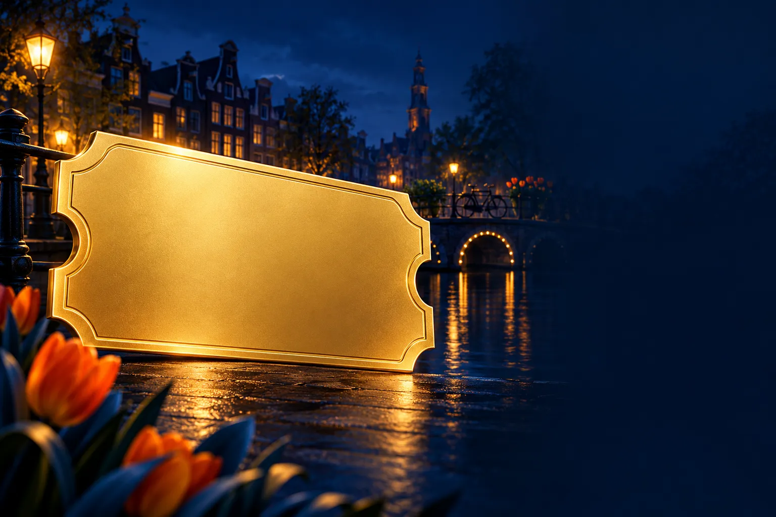A gleaming gold ticket shape with a smooth blank surface set against a deep navy blue background, editorial style.