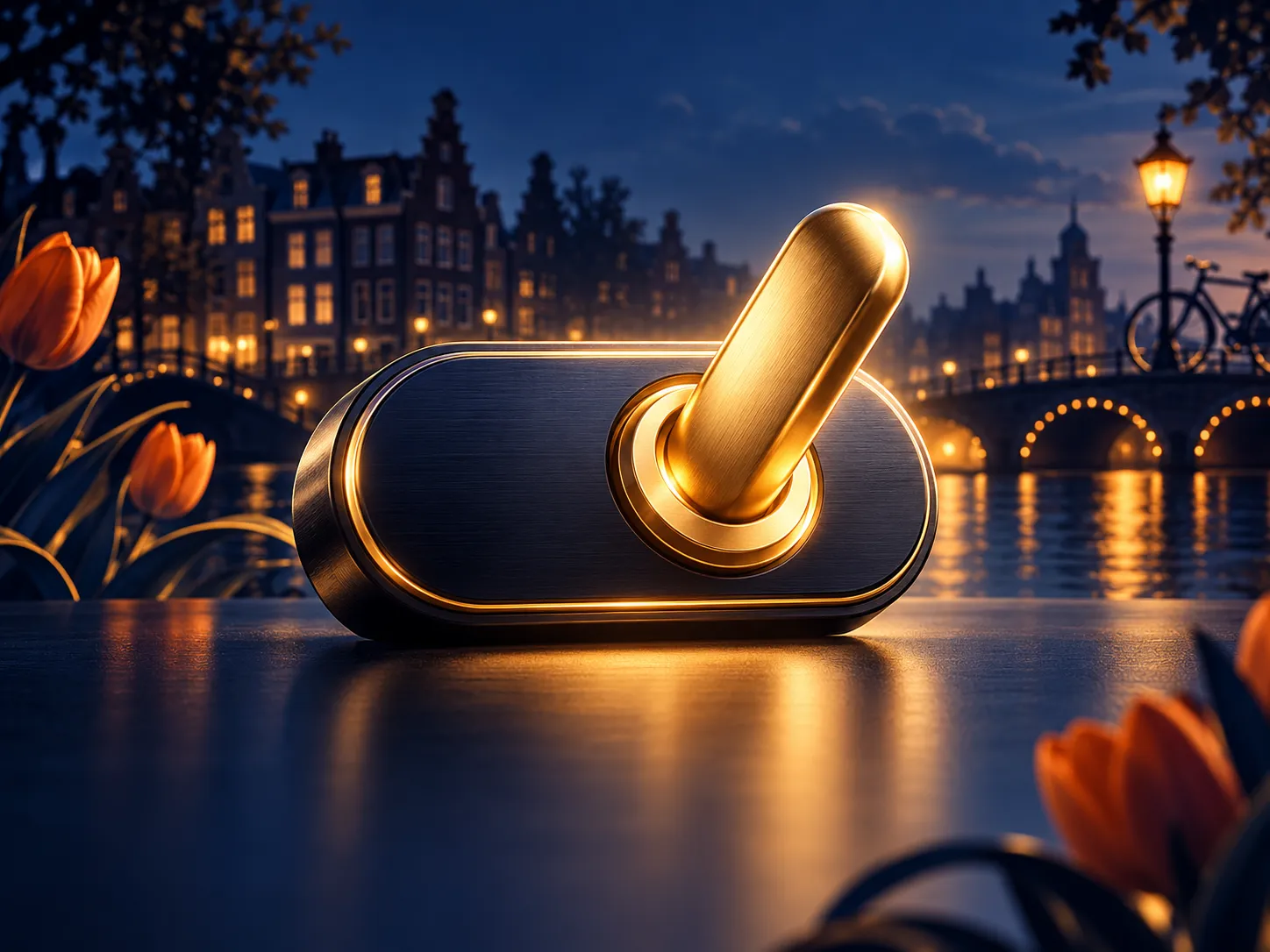 Luxurious golden toggle switch in the on position against a deep navy background with subtle Dutch canal-house silhouettes an