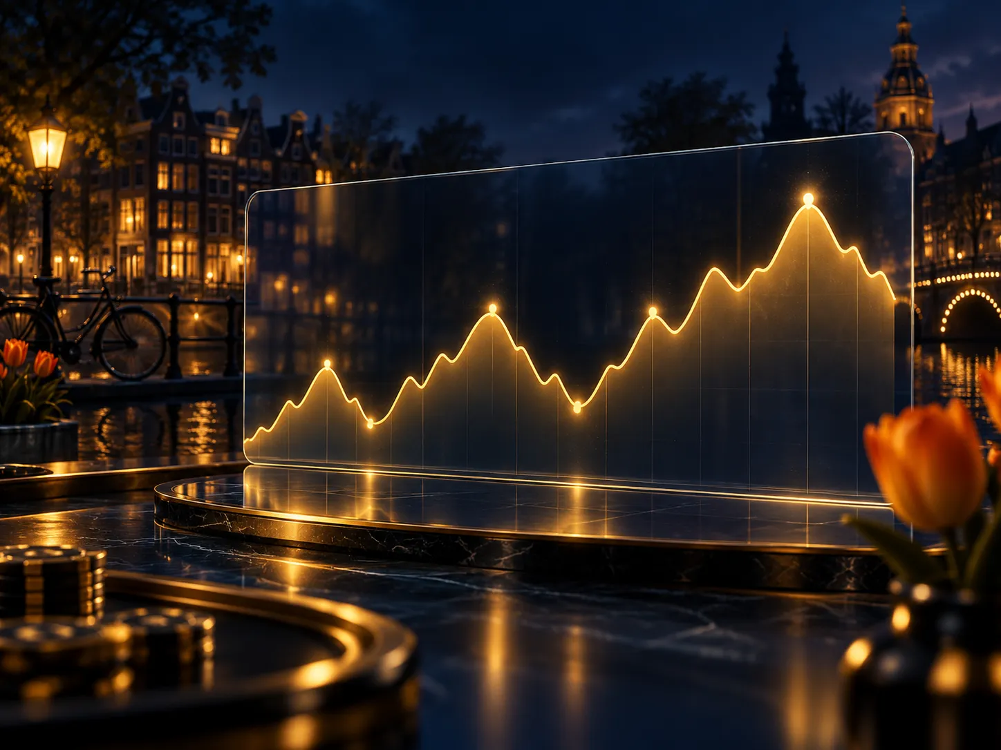 Elegant glowing line graph illustrating volatility concept against deep navy background with gold Dutch canal-house silhouett