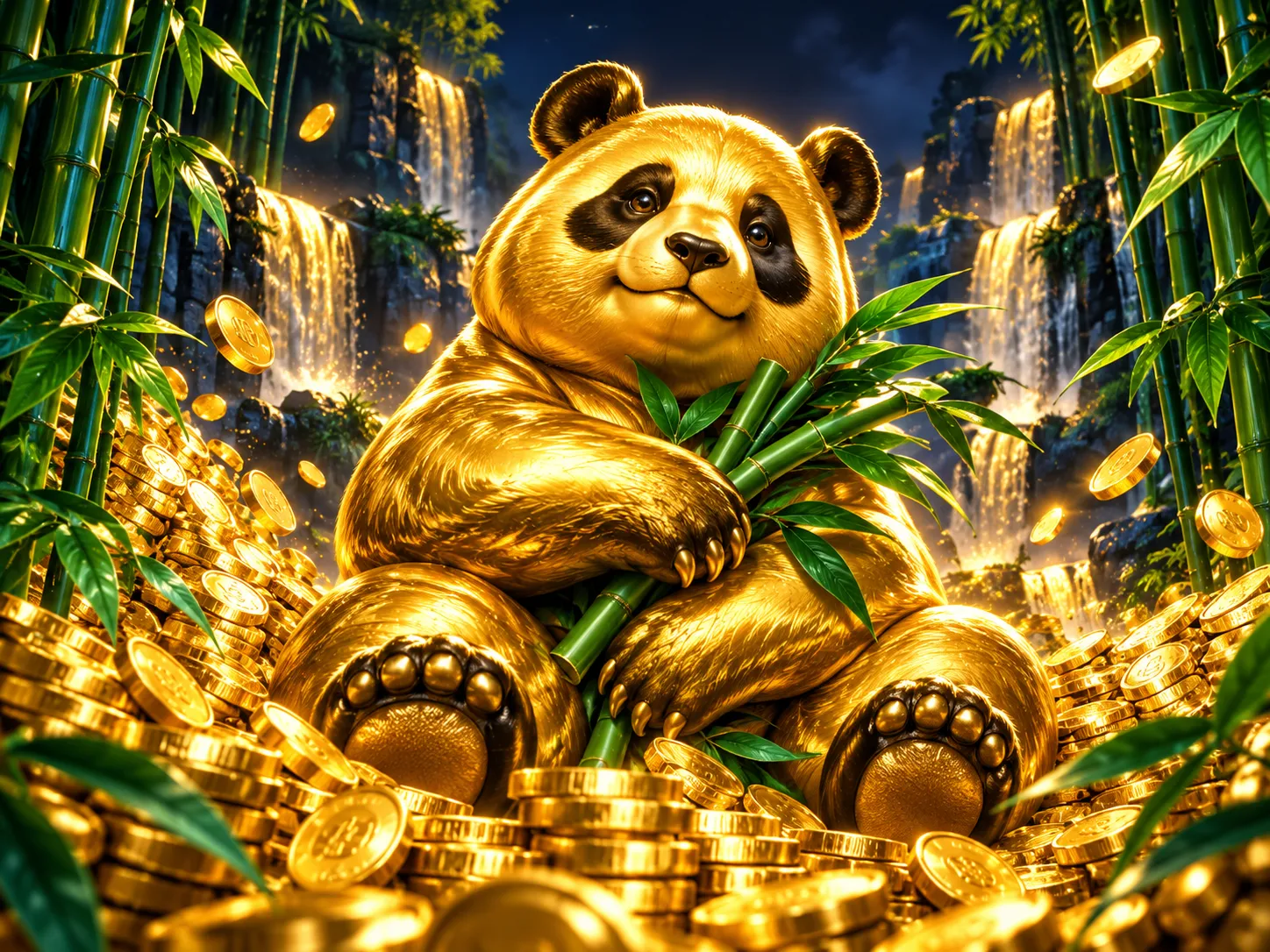 Glossy golden panda statue centred among luminous bamboo stalks and cascading jackpot coins on a dark navy-charcoal backgroun