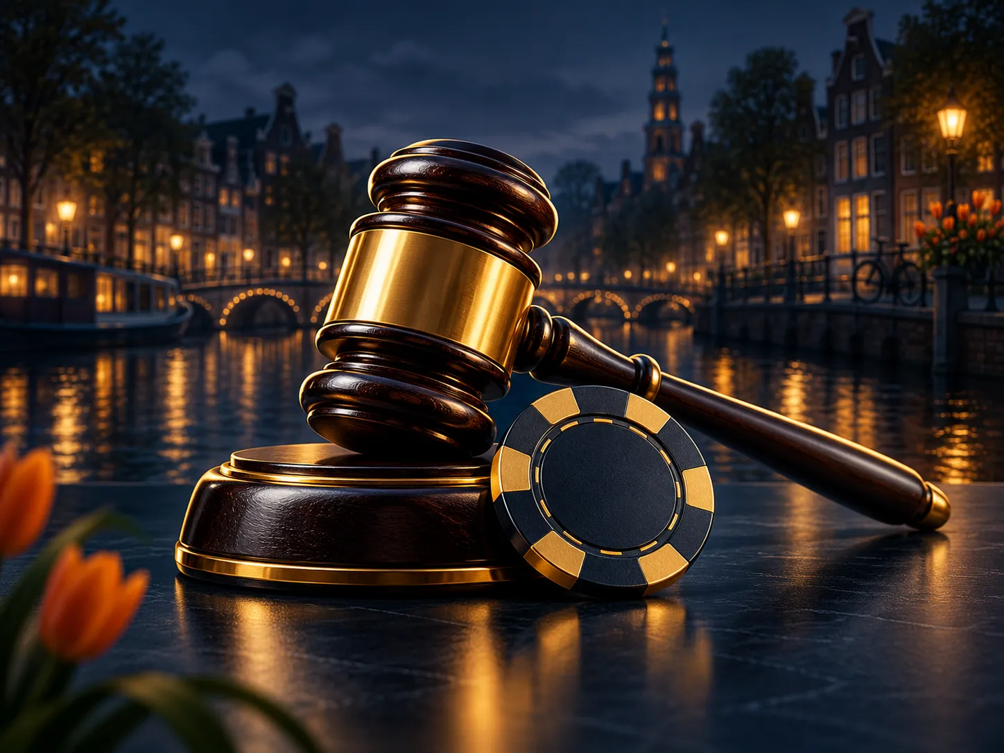 Minimalist editorial illustration of a wooden gavel and gold casino chip on deep navy background with subtle Dutch golden acc