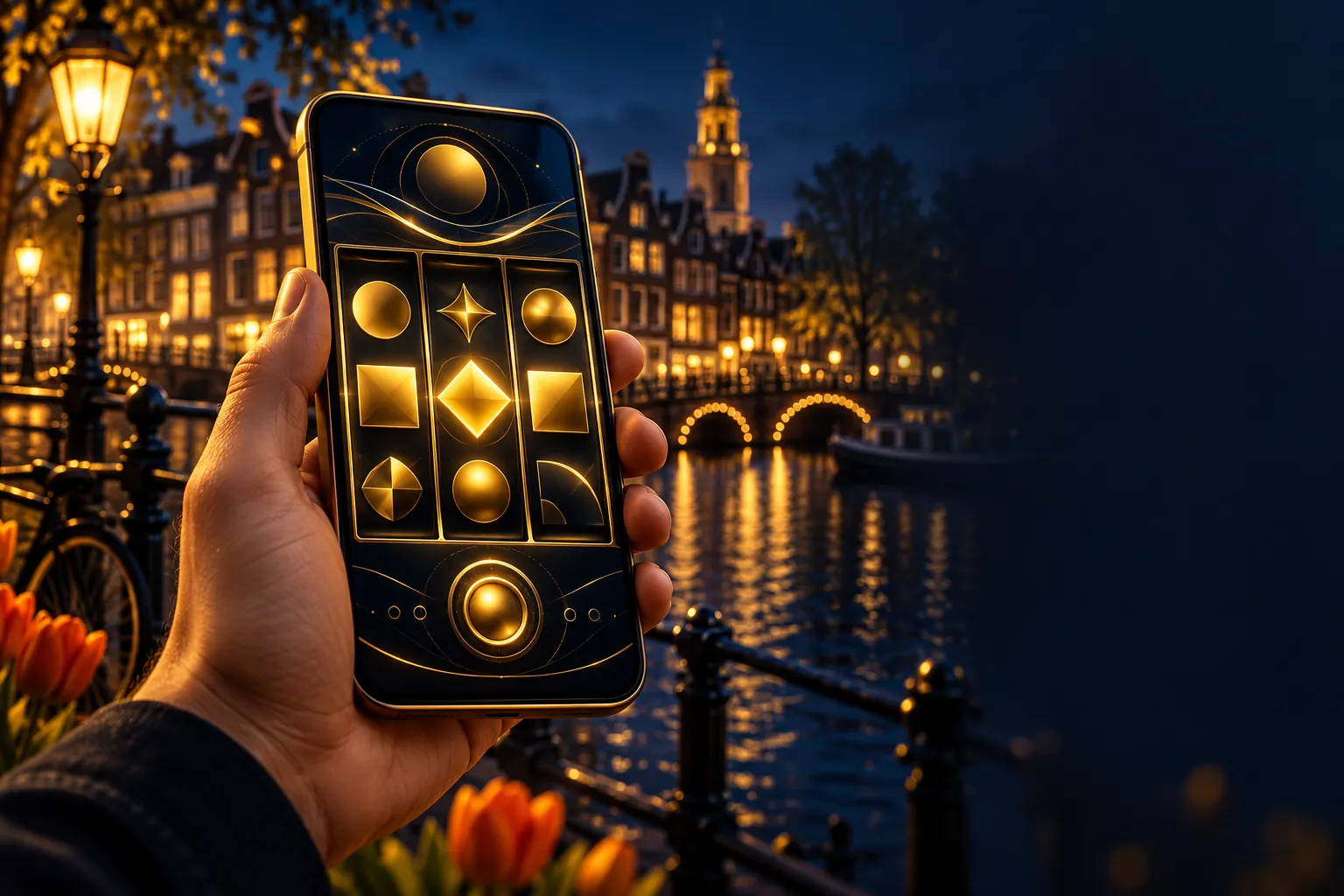 Hand holding smartphone with abstract slot game, blurred Amsterdam canal at night, gold accents on deep navy background
