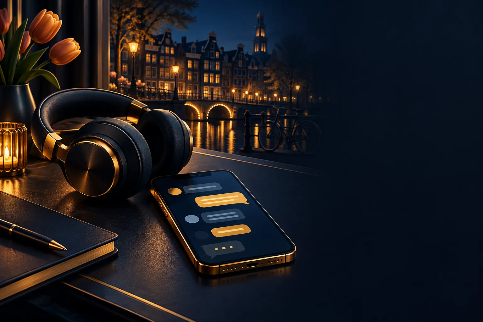 Premium editorial illustration of a headset and smartphone with abstract chat window on a deep navy desk, gold accents, cinem