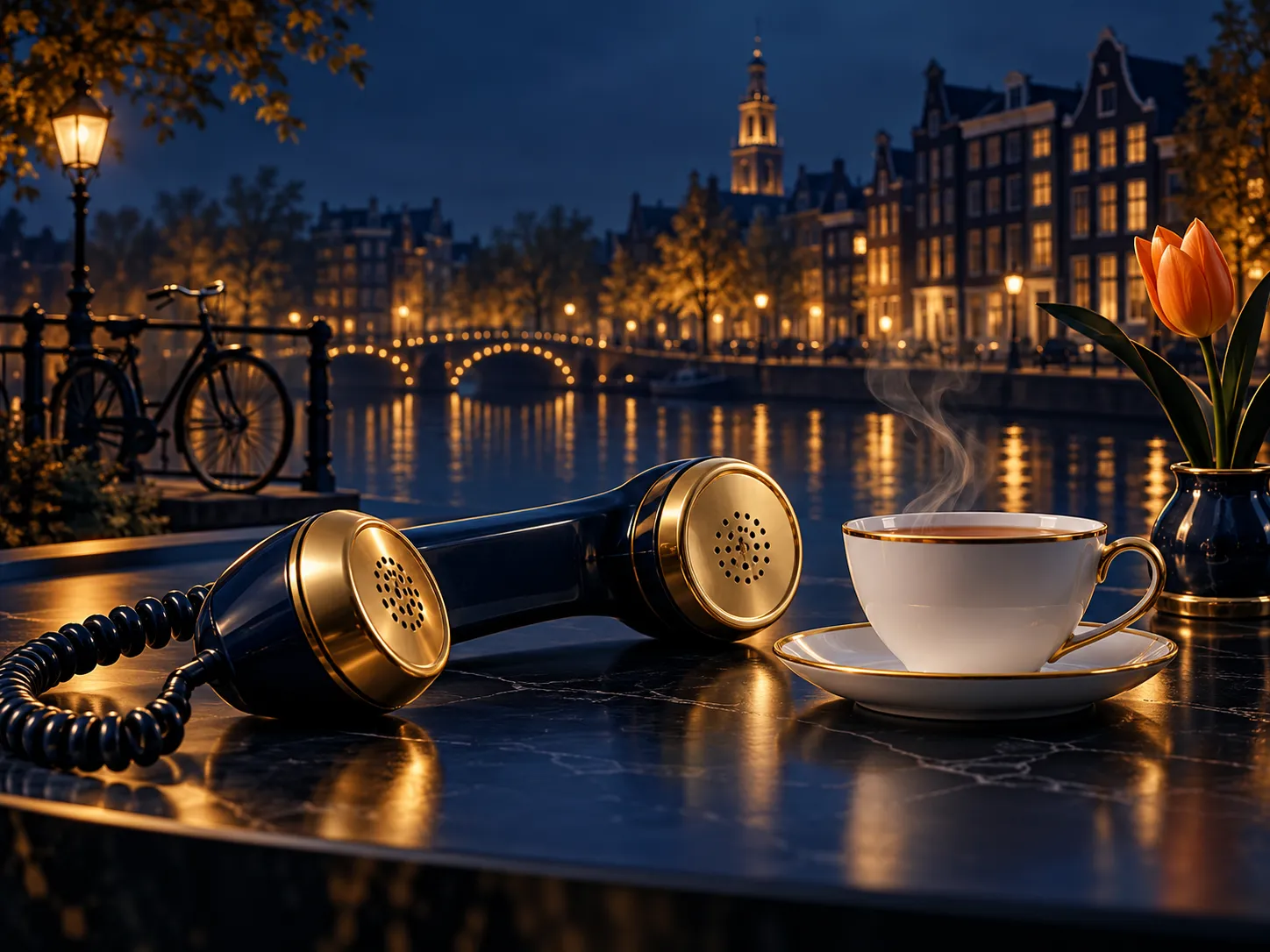 Minimalist illustration of a helpline telephone handset beside a warm cup of tea on a deep navy background with gold accents