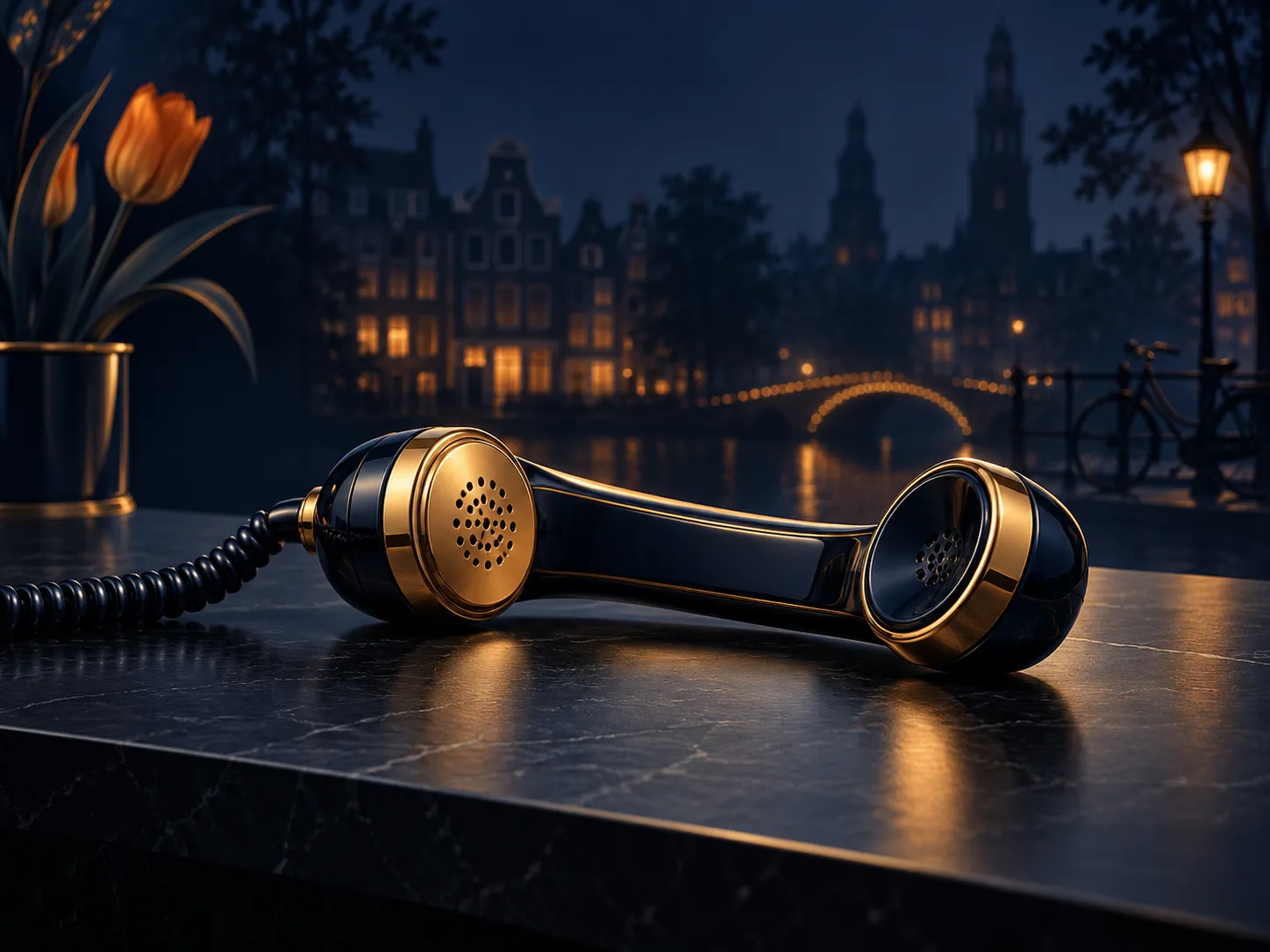 A classic telephone receiver resting on a dark navy table, lit with soft gold light, minimalist Dutch editorial style.