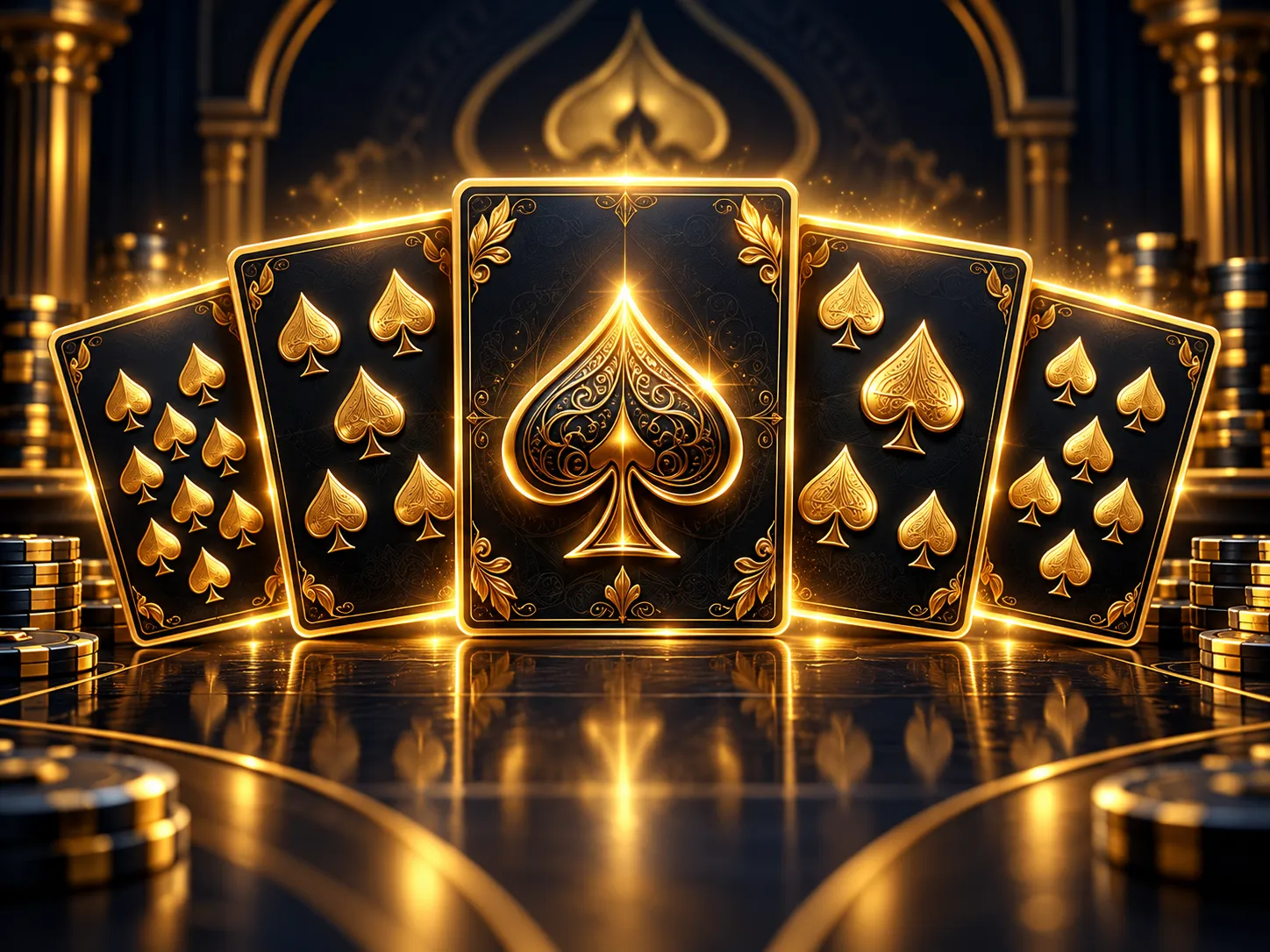 Glossy 3D royal flush playing cards glowing warm gold against a dark navy-charcoal background with dramatic cinematic lightin