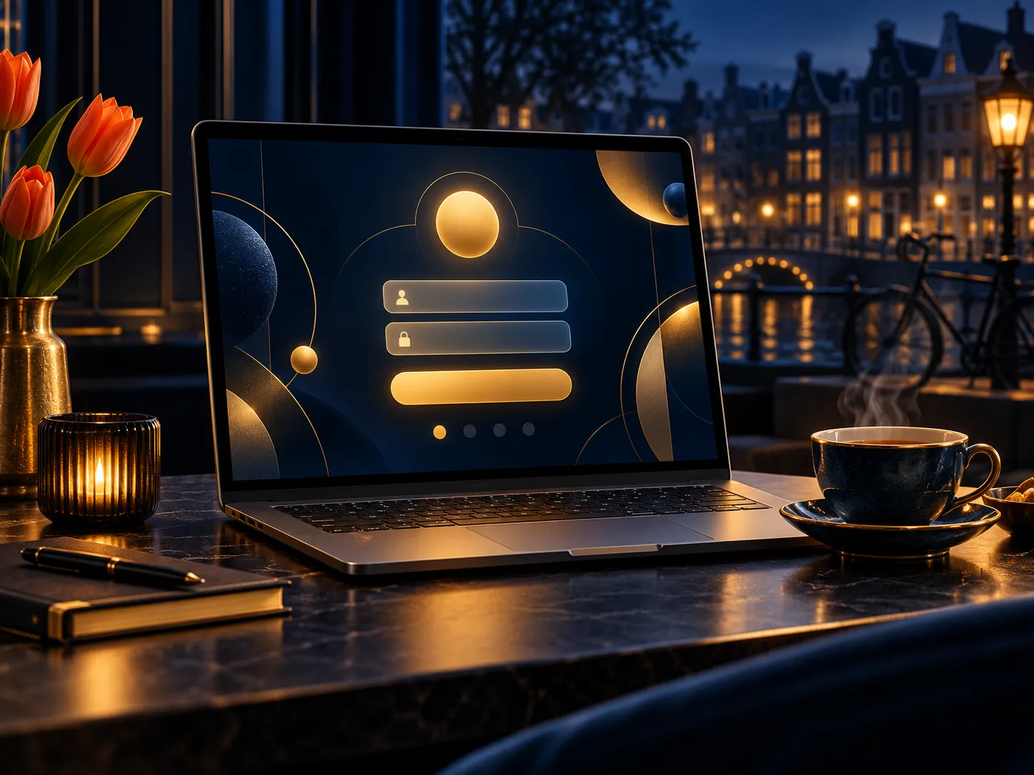 A luxurious laptop displaying an abstract login screen beside a steaming cup of tea, set against a deep navy background with