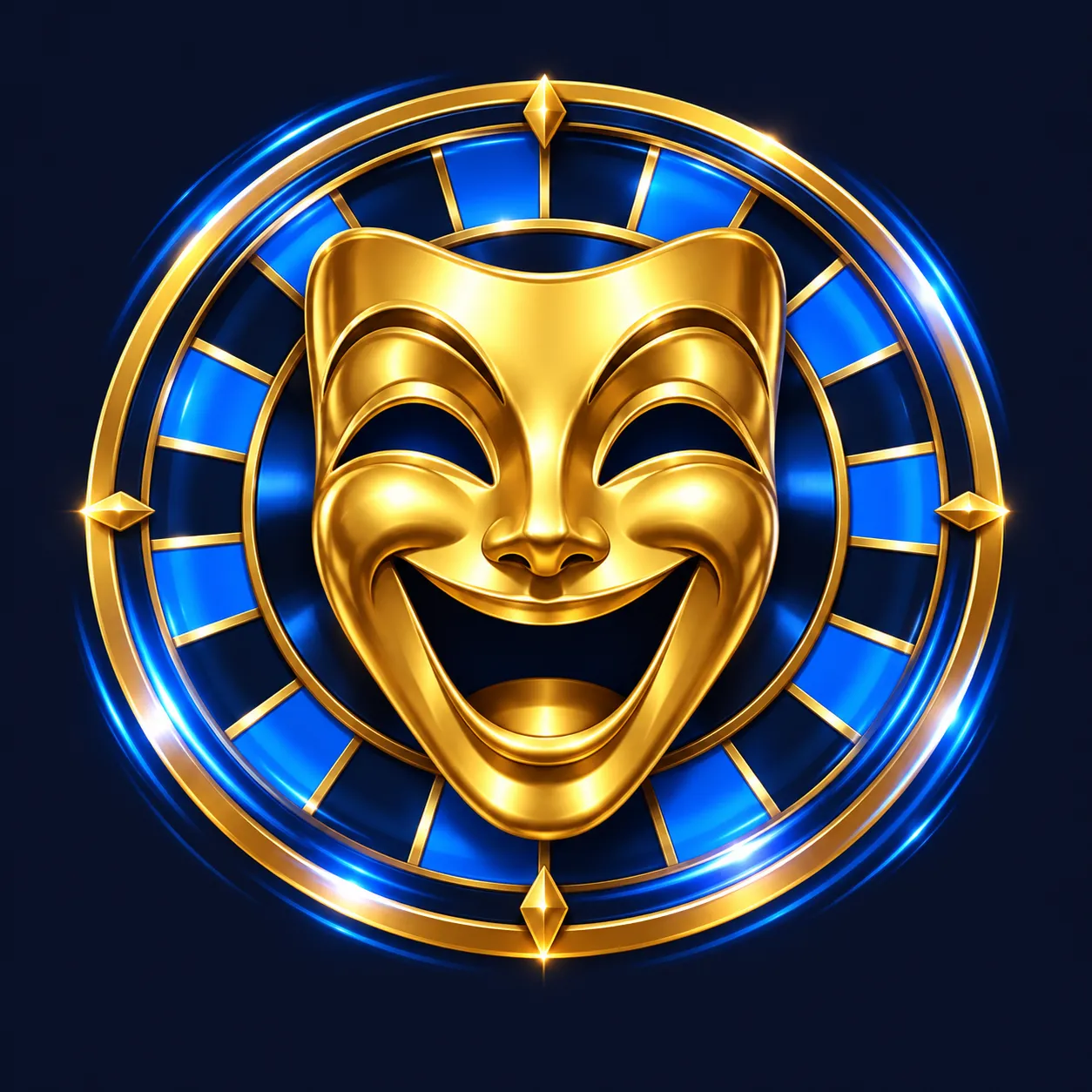 Glossy gold laughing theatre mask with a spinning blue roulette wheel halo on deep navy app icon background