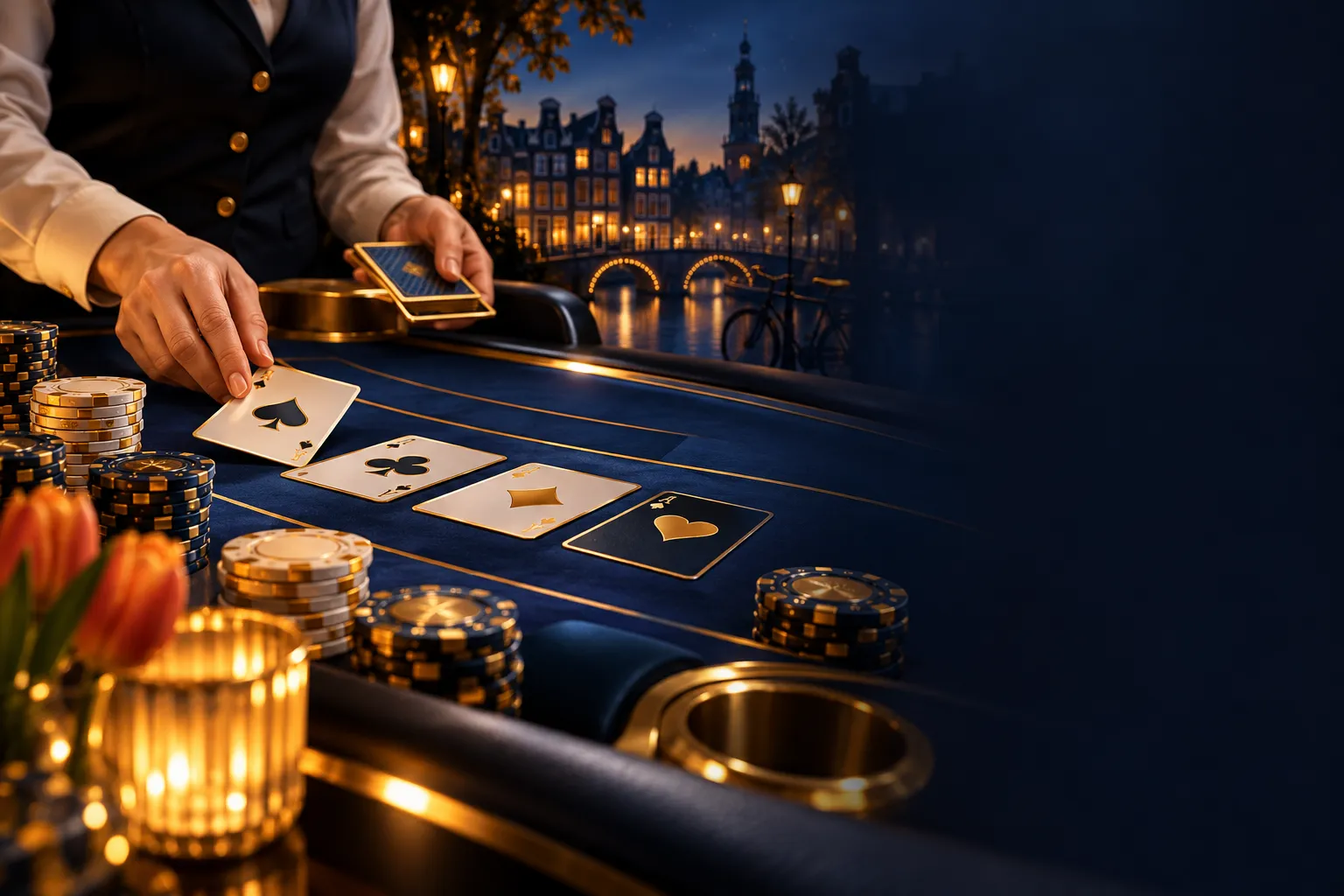 Luxurious live dealer table from player perspective with abstract cards and chips in warm blue light, deep navy and gold tone