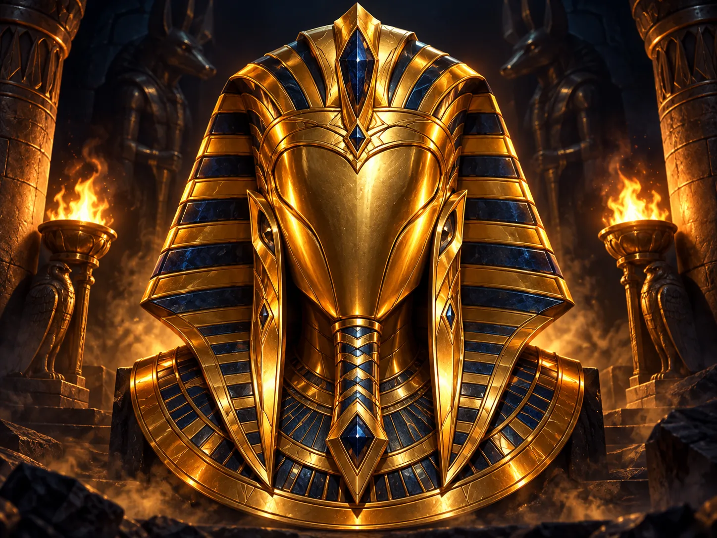 Glossy 3D golden pharaoh mask centred in a dark navy-charcoal tomb, dramatic torch light casting warm gold cinematic shadows