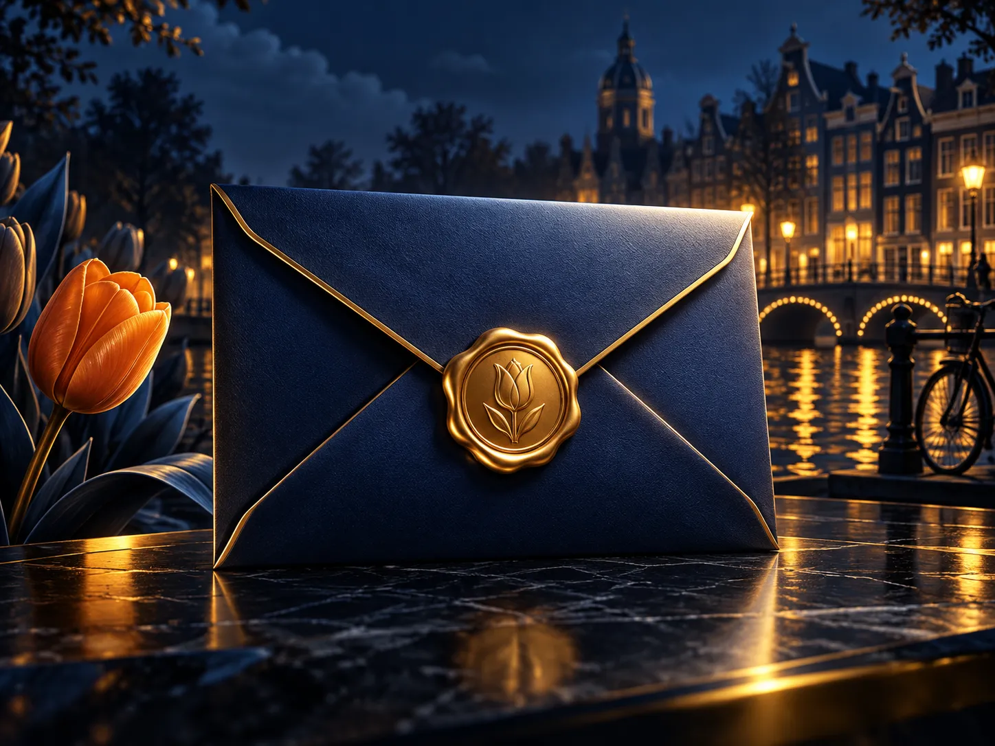 Luxurious sealed envelope with gold wax seal on deep navy background with Dutch canal-house silhouette and golden accents
