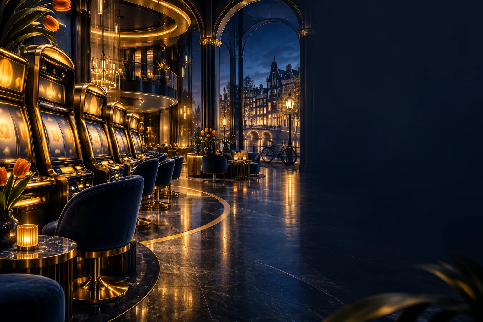 Abstract slot machines glowing in a luxurious deep navy casino lobby with golden light accents and Dutch architectural silhou