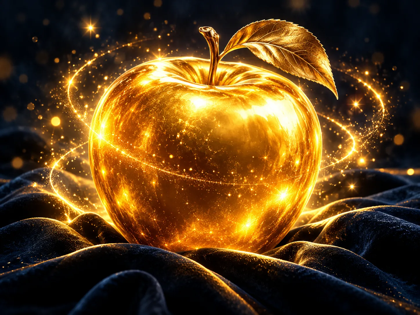 Glossy 3D golden apple radiating magical sparkles and warm light against deep navy-charcoal background, dramatic cinematic li